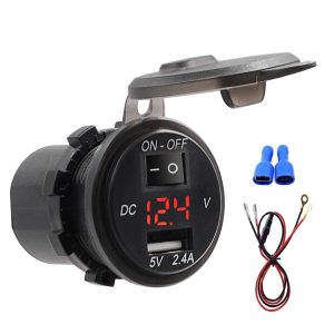 Universal Car Single Port USB Charger Power Outlet Adapter 2.4A 5V IP66 with LED Digital Voltmeter + Switch + 60cm Cable, 2.4A + Switch + 60cm Cable (Red Light)