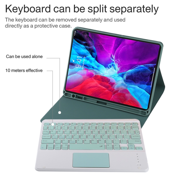 TG11BC Detachable Bluetooth Green Keyboard Microfiber Leather Tablet Case for iPad Pro 11 inch (2020), with Touchpad & Pen Slot & Holder, Green Keyboard - Image 8